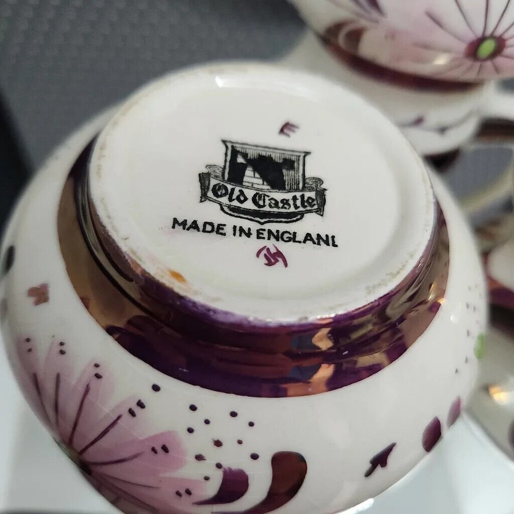OLS1 by Old Castle Lusterware Creamer and Sugar Set, Purple and Pink, England - Picture 12 of 12
